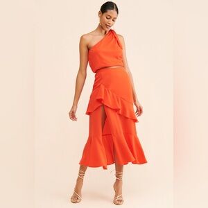 EUC Show Me Your MuMu Nala Orange Asymmetrical Ruffle Skirt One Shoulder Top Set